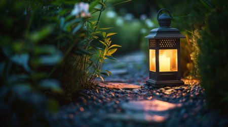 Close-up of a traditional lantern illuminating a dark garden path, guiding the way with its soft and gentle lightの素材