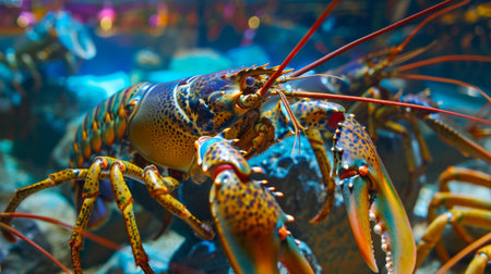 Close-up of live lobsters in a seafood market tank, their vibrant colors and distinctive claws enticing customers to purchase.の素材