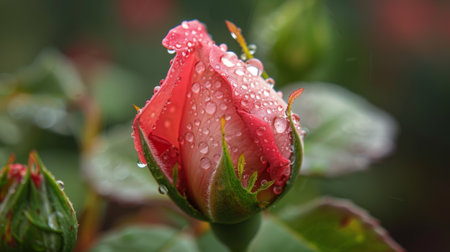 Close-up of raindrops beading on the surface of a rosebud, symbolizing the purity and renewal of nature's touchの素材