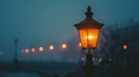 Close-up of a vintage gas lamp glowing softly on a foggy evening, adding a touch of mystery to the urban landscapeの素材