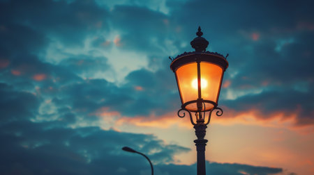 Close-up of a vintage streetlight against a dusky sky, evoking a sense of nostalgia and urban charmの素材