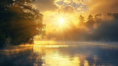 The sun rising over a misty lake, illuminating the tranquil waters with a soft golden lightの素材