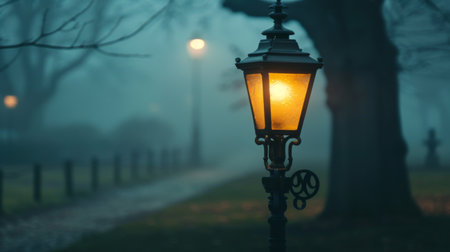 Close-up of a vintage gas lamp glowing softly on a foggy evening, adding a touch of mystery to the urban landscapeの素材