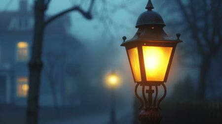 Close-up of a vintage gas lamp glowing softly on a foggy evening, adding a touch of mystery to the urban landscapeの素材