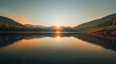 The sun rising over a tranquil mountain lake, casting a warm glow over the mirrored surface of the waterの素材