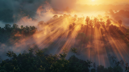 The sun breaking through dense fog at dawn, casting ethereal rays of light over a tranquil forestの素材
