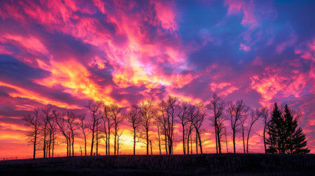 Silhouettes of trees against a vibrant sunset sky, with clouds painted in hues of pink, orange, and purple, creating a breathtaking natural spectacleの素材