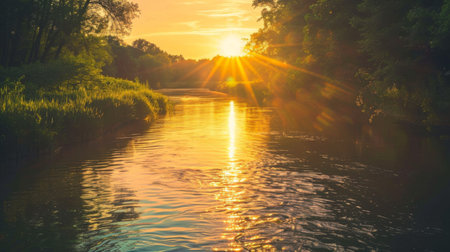 The sun casting a golden reflection on the calm waters of a river at sunset, creating a serene and tranquil sceneの素材