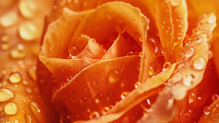 Water droplets collecting on the surface of a vibrant orange rose, adding a touch of sparkle to its vivid hueの素材