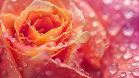 Macro shot of raindrops gathering on the surface of a coral rose, highlighting the vibrant color and delicate formの素材