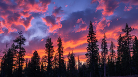 Silhouettes of trees against a vibrant sunset sky, with clouds painted in hues of pink, orange, and purple, creating a breathtaking natural spectacleの素材