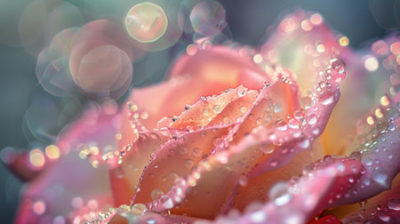 Water droplets clinging to the edges of a pastel rose, reflecting the soft hues of its petals in shimmering beautyの素材