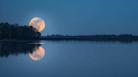 The moon casting a serene reflection on a calm lake surface, creating a mesmerizing nocturnal sceneの素材