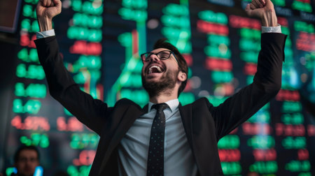 A businessman celebrating successful stock market trades, symbolizing profitable investments and financial gainsの素材