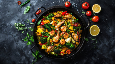 A beautifully arranged Spanish paella with saffron rice, seafood, chicken, and vibrant vegetables, served in a traditional paella panの素材