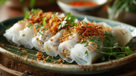 A beautiful presentation of Vietnamese banh cuon, steamed rice rolls filled with minced pork and mushrooms, garnished with fried shallots and fresh herbsの素材
