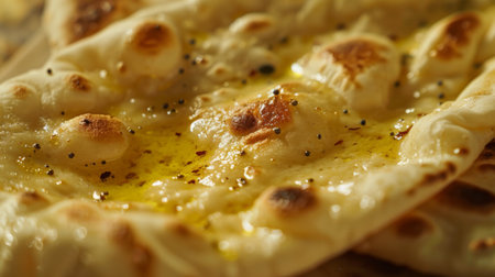 A close-up of a freshly baked naan bread, golden and fluffy, ready to be served alongside aromatic Indian curriesの素材