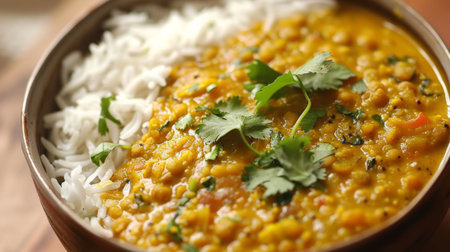 A bowl of comforting lentil dal curry, flavored with spices like cumin, turmeric, and garam masala, served with riceの素材