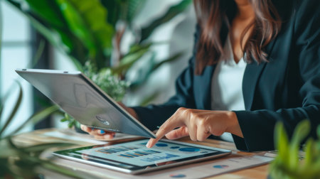 A businesswoman analyzing market trends and financial data on a digital tablet, using business graphs to make informed decisionsの素材