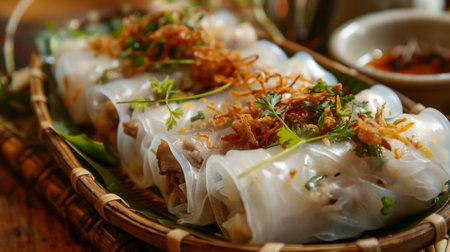 A beautiful presentation of Vietnamese banh cuon, steamed rice rolls filled with minced pork and mushrooms, garnished with fried shallots and fresh herbsの素材