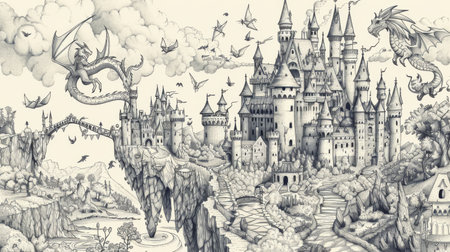 A charming line drawing of a whimsical fairy tale scene with castles, dragons, and magical creaturesの素材