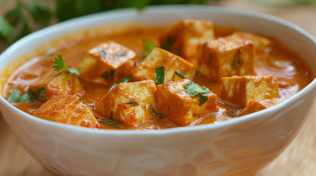A bowl of creamy and indulgent paneer butter masala, featuring cubes of paneer cheese simmered in a rich tomato gravyの素材