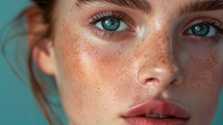 A close-up of a woman's face with acne-prone skin, showcasing skincare products for blemish-free and clear complexionの素材