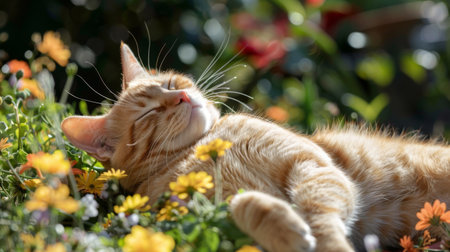 A cheerful, chubby cat lying on a bed of flowers in a sunny garden, looking up with a contented smileの素材