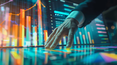 A businessman reviewing quarterly earnings reports with colorful line graphs and bar charts, assessing business performanceの素材