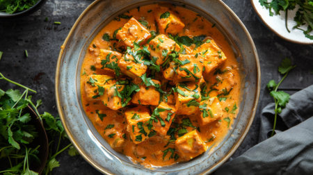 A bowl of creamy and indulgent paneer butter masala, featuring cubes of paneer cheese simmered in a rich tomato gravyの素材