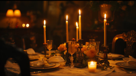 A candlelit dinner setting with elegant tableware and flickering candles, casting a romantic glow over a beautifully set tableの素材