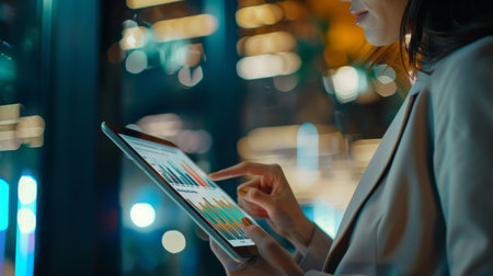 A businesswoman analyzing financial graphs and charts on a digital tablet, making strategic decisions based on dataの素材