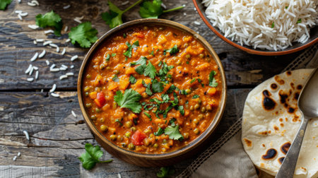A bowl of comforting lentil dal curry, flavored with spices like cumin, turmeric, and garam masala, served with riceの素材