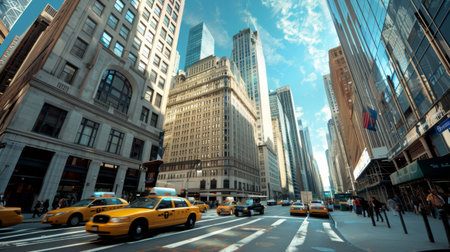 A bustling financial district with rows of towering skyscrapers, representing the heartbeat of a thriving metropolisの素材