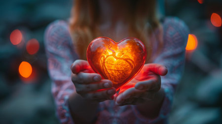 A close-up of a woman's hand holding a glowing heart symbolizing love and care for the human bodyの素材