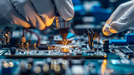 A close-up of workers assembling electronic components in a high-tech factory, showcasing global supply chain integrationの素材