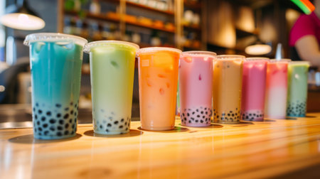 A colorful lineup of bubble milk tea cups in different flavors and sizes, enticing customers at a trendy bubble tea shopの素材