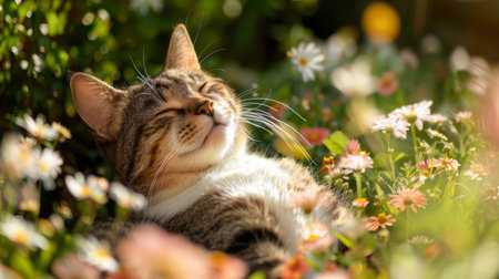 A cheerful, chubby cat lying on a bed of flowers in a sunny garden, looking up with a contented smileの素材