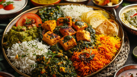 A colorful platter of Indian cuisine favorites like butter chicken, palak paneer, and vegetable biryani, showcasing the rich flavorsの素材