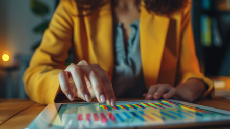 A businesswoman analyzing market trends and financial data on a digital tablet, using business graphs to make informed decisionsの素材