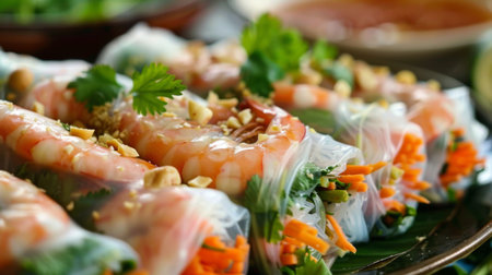 A colorful dish of Vietnamese goi cuon, fresh spring rolls with shrimp, pork, and fresh herbs, served with a tangy dipping sauceの素材
