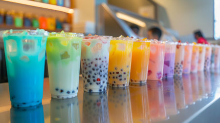 A colorful lineup of bubble milk tea cups in different flavors and sizes, enticing customers at a trendy bubble tea shopの素材