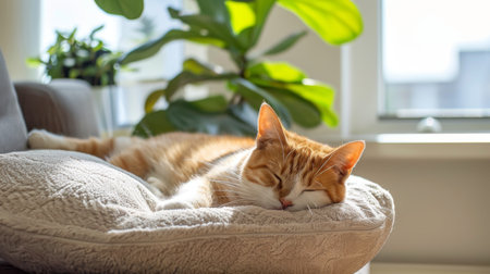 A cozy cat bed placed in a sunny corner of a contemporary living room, with a content cat napping peacefullyの素材