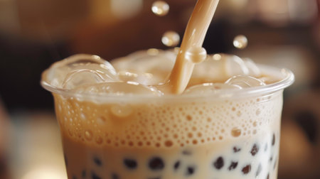 A close-up of a straw piercing through a layer of foam into a cup of creamy bubble milk tea, ready to be enjoyedの素材