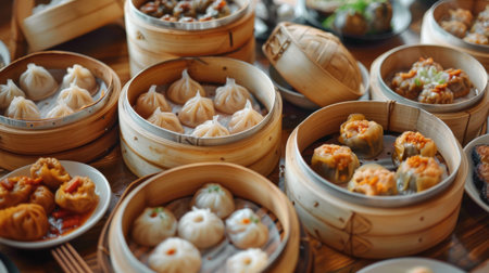 A classic Chinese dim sum spread with a variety of steamed dumplings, buns, and rolls served in bamboo steamersの素材