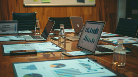 A conference room table with documents and laptops showing various business graphs and charts, representing strategic planningの素材