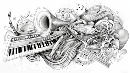 A creative line drawing of musical instruments and notes, conveying the harmony and rhythm of musicの素材