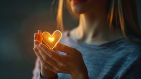 A close-up of a woman's hand holding a glowing heart symbolizing love and care for the human bodyの素材