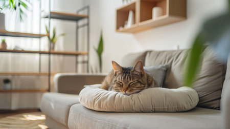 A comfortable cat bed in a quiet corner of a modern apartment, with a cat napping peacefully, surrounded by sleek furnitureの素材