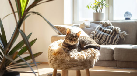 A cozy cat bed placed in a sunny corner of a contemporary living room, with a content cat napping peacefullyの素材